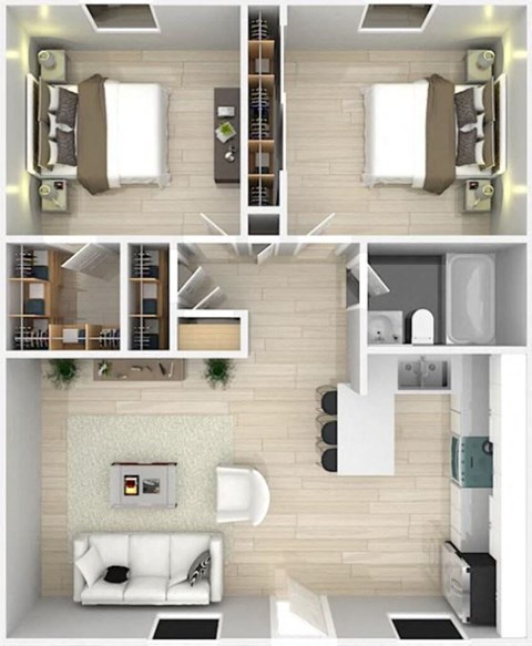 Floor plan for 2 beds, 1 bath, 750 sqft